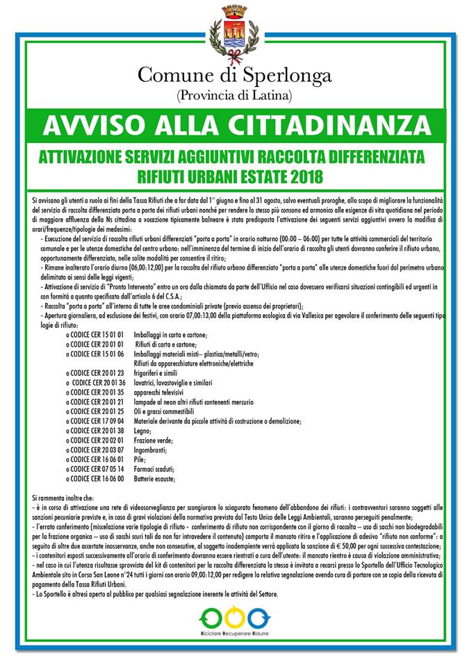 Raccolta Rifiuti Estiva Sperlonga