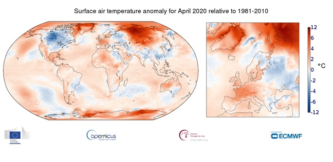 anomalie della temperatura relativa all’aria superficiale di aprile 2020 rispetto al periodo 1981-2010