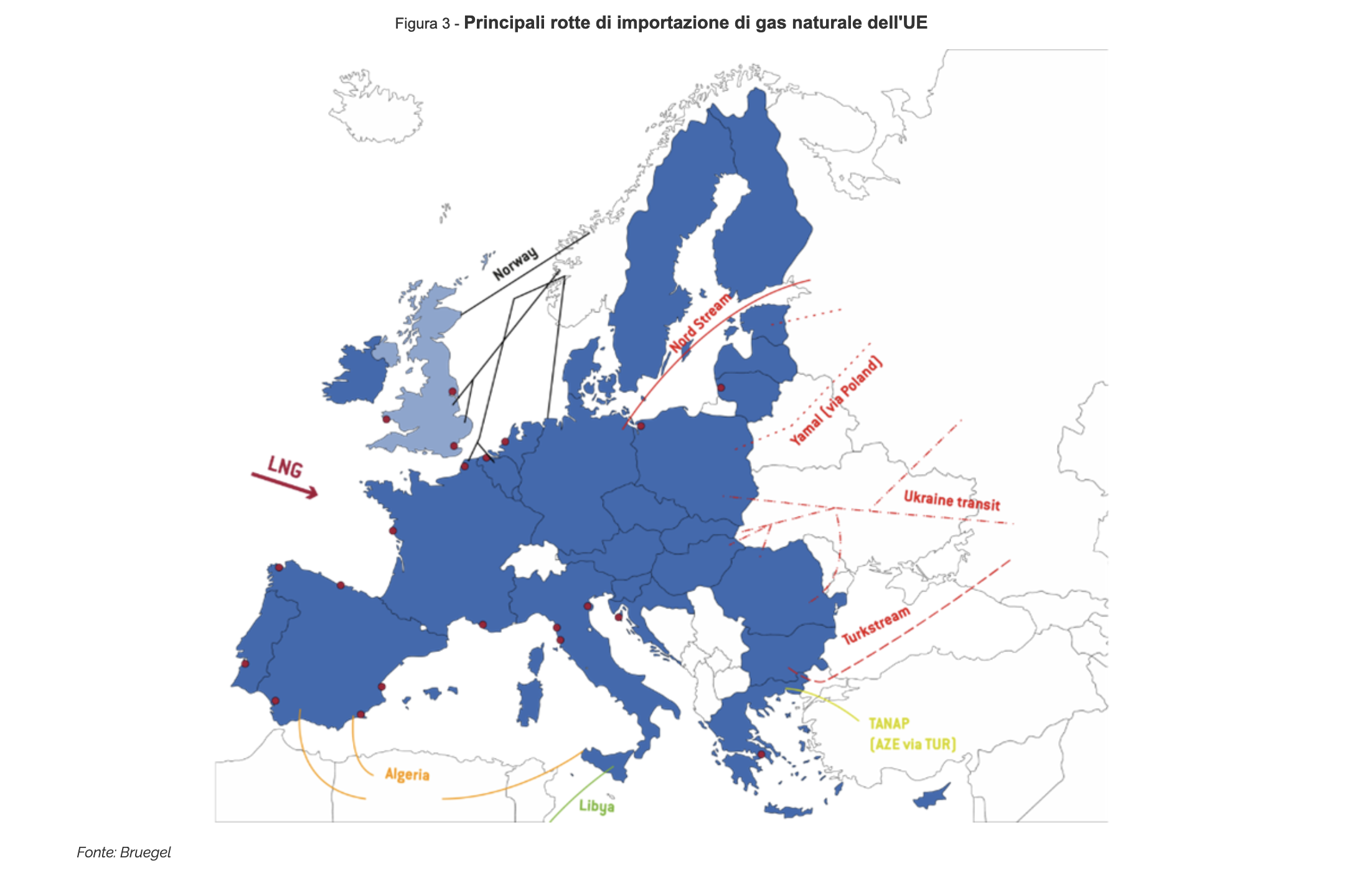 Principali rotte di importazione di gas naturale dell'UE