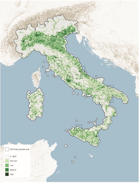 Mappa delle priorità di forestazione per il miglioramento della connettività ecologica parco italia