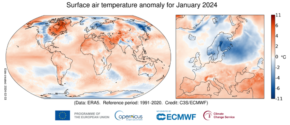 Anomalia della temperatura superficiale dell'aria per il mese di gennaio 2024 rispetto alla media di gennaio per il periodo compreso tra il 1991 e il 2020. Fonte dei dati: ERA5. Credit: Copernicus Climate Change Service/ECMWF.