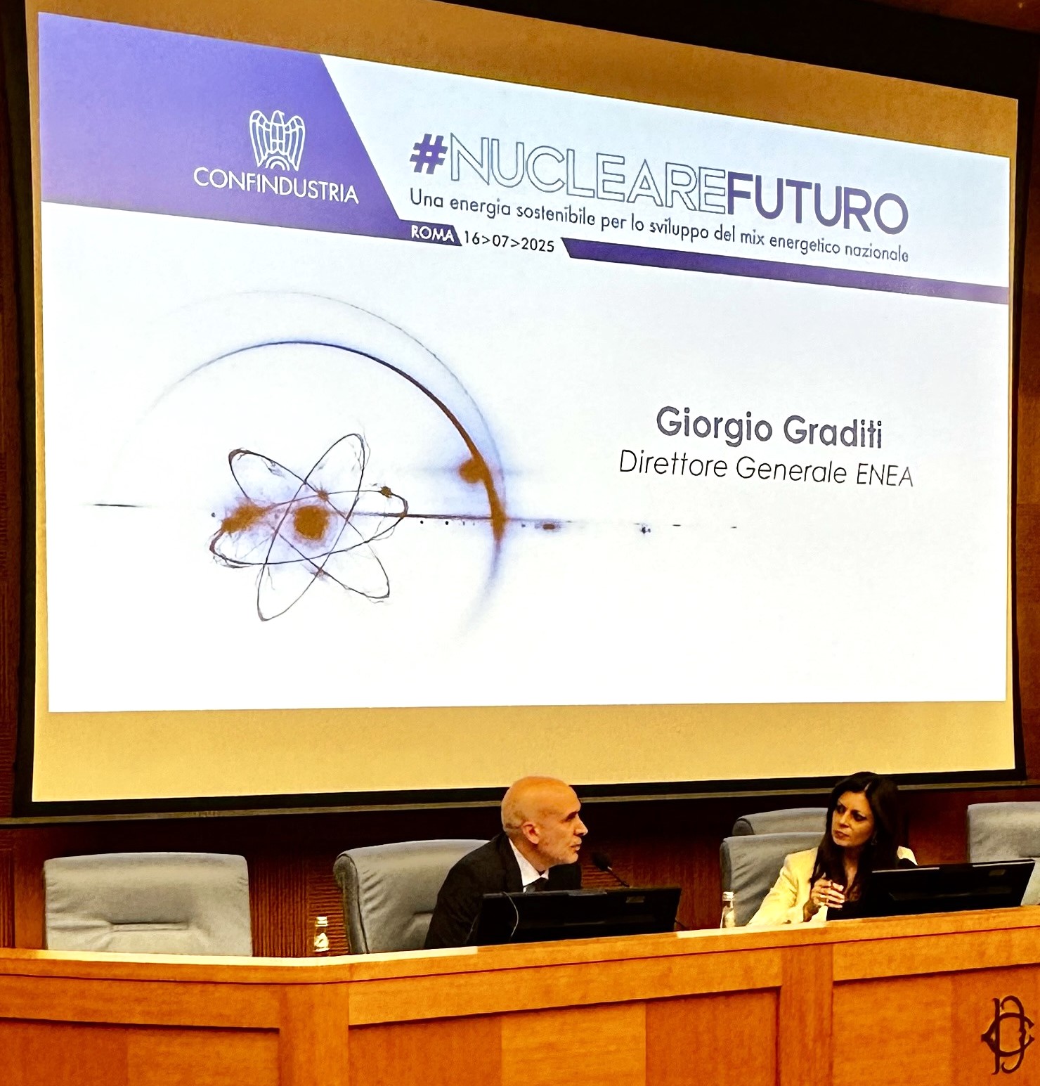 Giorgio Graditi con Tonia Cartolano alla presentazione del rapporto nucleare ENEA-Confindustria (16 luglio 2025)